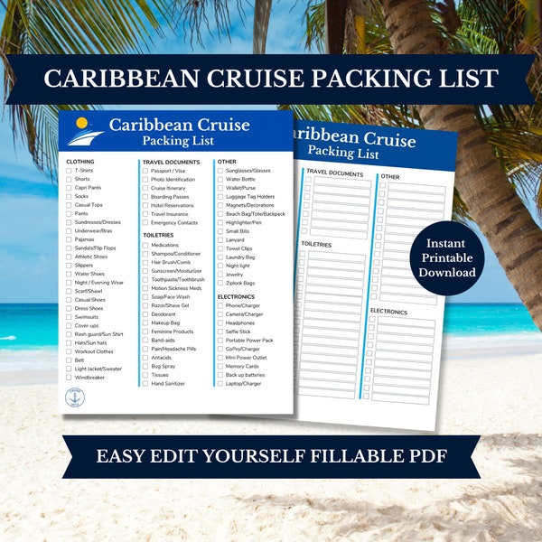 Caribbean Cruise Packing List, Printable Digital Download, Cruise 2024, Editable Packing Checklist, Cruise Planner, Cruise Packing Lists