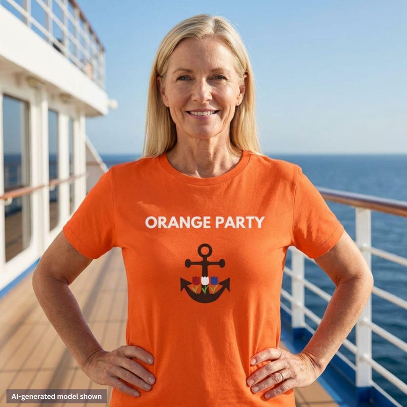 May include: A bright orange short-sleeved t-shirt featuring the white text ORANGE PARTY printed above a black anchor graphic. The anchor design includes three small tulip illustrations in red, white, and blue colors centered within the anchor shape.