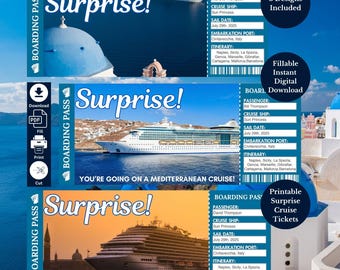 Mediterranean Printable Cruise Ticket Boarding Pass, Med Cruise Ticket, Surprise Gift Tickets, Instant Digital Download PDF, Ticket Template