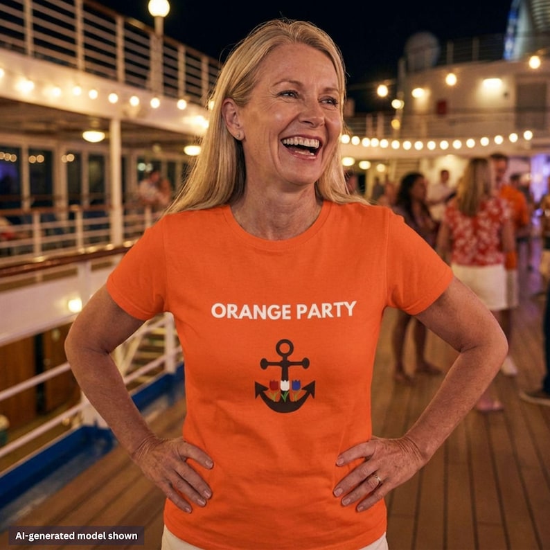 May include: A bright orange short-sleeved t-shirt featuring the white text ORANGE PARTY printed above a black anchor graphic. The anchor design includes three small tulip illustrations in red, white, and blue colors centered on the anchor base.