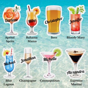 May include: A selection of illustrated drinks stickers, including Aperol Spritz, Bahama Mama, Beer, Bloody Mary, Blue Lagoon, Champagne, Cosmopolitan, and Espresso Martini. Each sticker has a name.
