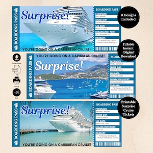Printable Cruise Ticket Boarding Pass, Caribbean Cruise Surprise Gift Tickets, Cruise Ticket Download, Editable Text, Cruise Ticket Template