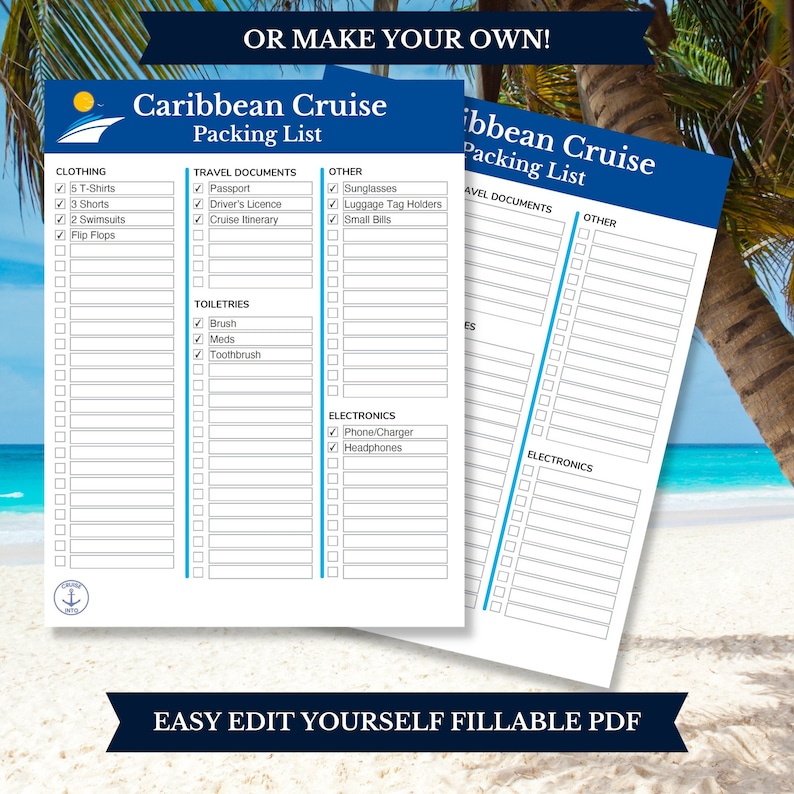 Caribbean Cruise Packing List easy edit yourself fillable pdf Make your own