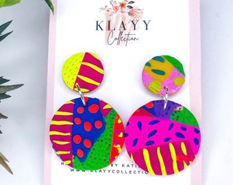 Neon Patchwork Polymer Clay Earrings | Neon Bright Earrings | Boho jewellery | Beach Earrings | Occassion Jewellery | Clay Earrings