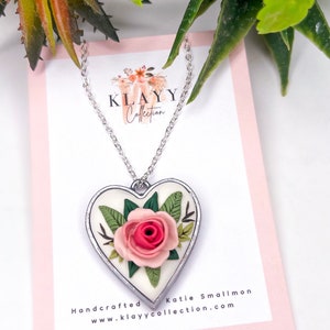 Rose Heart Clay Pendant Necklace, Jewellery, Floral Arrangement, Boutique Jewellery, Boho, Fashion Accessories, Gift ideas