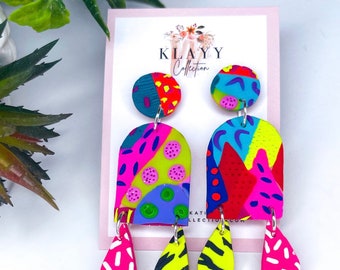 Neon Patchwork Polymer Clay Earrings | Bright and Vibrant Earrings | Clay Earrings | Polymer Clay Earrings | Rainbow Clay Earrings