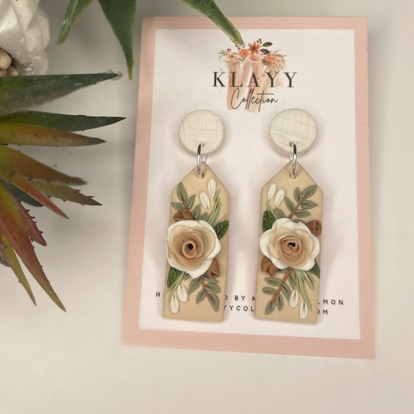 Special Occasion Roses in Neutral Tones Polymer Clay Earrings