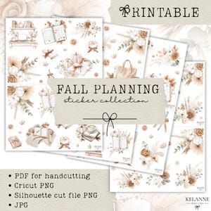May include: A printable sticker collection titled FALL PLANNING sticker collection featuring watercolour illustrations of pumpkins, dried floral arrangements, books, coffee cups, and planners in neutral beige, cream, and soft brown autumn tones.