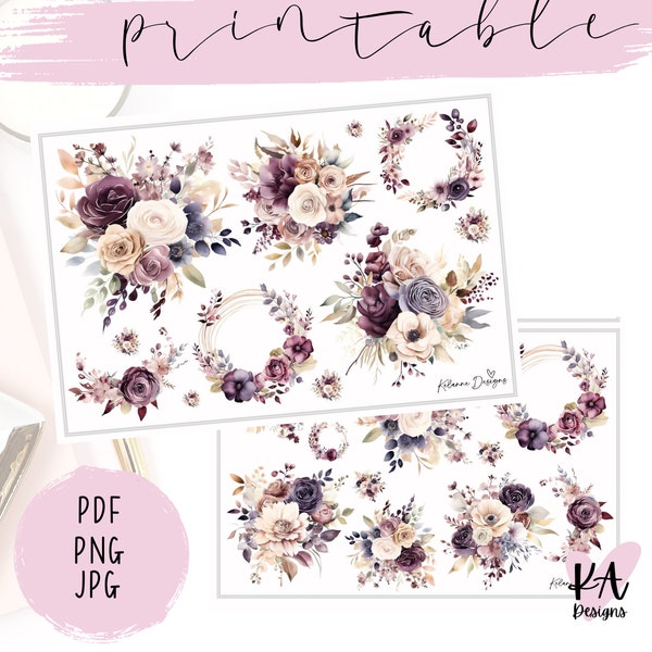 Plum florals, Plum floral deco stickers, printable floral deco stickers, planner stickers, winter floral printable stickers, floral stickers