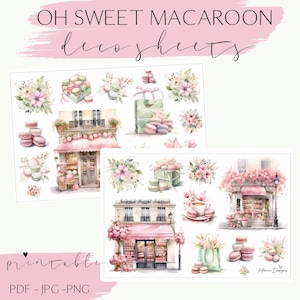 May include: Printable digital paper sheets featuring illustrations of macarons, flowers, and Parisian-style shops. The text "OH SWEET MACAROON deco sheets" is at the top of the image. The text "printable" is at the bottom of the image. The text "PDF - JPG - PNG" is at the bottom of the image.