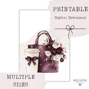 May include: Digital print showing a purple tote bag with flowers and a coffee cup with a bow. Text includes "PRINTABLE", "Digital Download", and "MULTIPLE SIZES". The design has a watercolour style.