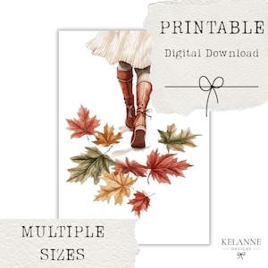 Puede incluir: Impresión en acuarela que muestra a una persona con botas marrones caminando sobre hojas de otoño coloridas. Incluye el texto "PRINTABLE Digital Download" y "MULTIPLE SIZES". Diseño de Kelanne Designs.
