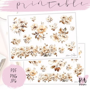 Puede incluir: Pegatinas digitales imprimibles con ilustraciones de acuarela de flores marrones y blancas. Las pegatinas son perfectas para planificadores, diarios y otros proyectos de manualidades.