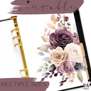 Op de afbeelding: Printbare plannerpagina met een aquarel bloemenontwerp met paarse, beige en blauwe bloemen. De tekst "MULTIPLE SIZES" staat onderaan de pagina.