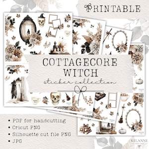 Könnte beinhalten: Ein digitaler Stickerbogen mit dem Titel COTTAGECORE WITCH, der Aquarellillustrationen von Totenköpfen, Blumenarrangements, Kürbissen, Besen, Zaubertrankflaschen, Spiegeln und Rahmen in neutralen Braun- und Schwarztönen auf weißem Grund zeigt.