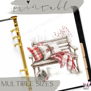 May include: Watercolor illustration of a wooden bench with pillows and a blanket. The pillows have red plaid and white designs. A red and white plaid blanket is draped over the bench. The image includes the text "printable" and "multiple sizes".