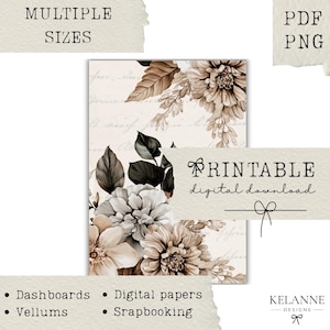 Op de afbeelding: Een digitale download met een bloemenillustratie met beige, bruine en donkergrijze bloemen en bladeren tegen een achtergrond met vaag cursief schrift. De tekst bevat MULTIPLE SIZES, PDF, PNG, PRINTABLE digital download, Dashboards, Vellums, Digital papers, Scrapbooking en KELANNE DESIGNS.
