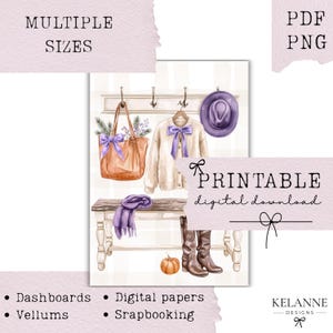 May include: A digital illustration featuring a tan tote bag with a purple bow, a cream cardigan with a purple bow, a purple hat, a purple scarf, and a small orange pumpkin. The image includes text reading MULTIPLE SIZES, PDF, PNG, PRINTABLE, and digital download.