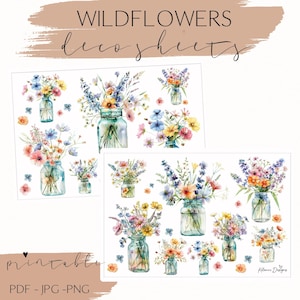 Wildflowers, wildflowers in vases deco stickers, wildflowers deco stickers, printable wildflower stickers, journal deco, planner deco