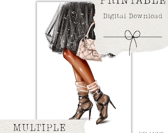 Fashion girl printable planner dashboard, fashion girl in heels and skirt, party fashion girl dashboard printable journal deco, planner deco