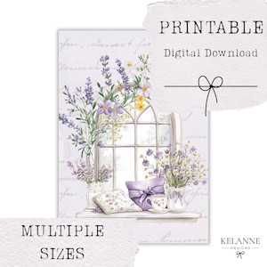 May include: A digital print featuring a watercolor illustration of a window with floral arrangements. The image includes lavender, yellow, and purple flowers, a pillow, and a teacup. Text on the print reads "PRINTABLE Digital Download" and "MULTIPLE SIZES".