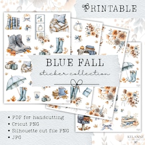 Blue Autumn sticker bundle, printable blue autumn stickers, printable blue fall theme sticker bundle, printable fall journal stickers
