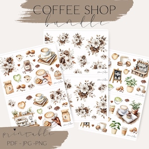 Fall Coffee shop printable planner stickers, printable coffee theme sticker bundle, printable coffeeshop planner stickers, coffee printables