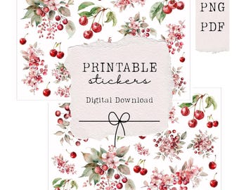 Cherry floral printable stickers, printable cherry floral stickers journal stickers, planner stickers red cherry stickers cherry floral deco