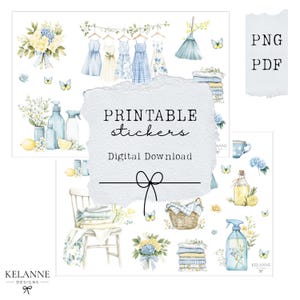 Könnte beinhalten: Digitaler Download von Aquarell-Druckstickern mit floralem und Wäsche-Thema. Das Design umfasst Blumensträuße, Kleider, Schmetterlinge und Reinigungsmittel in Blau-, Gelb- und Weißtönen. Der Text "PRINTABLE stickers Digital Download" ist sichtbar.