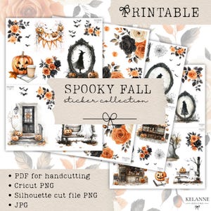May include: A digital sticker collection titled Spooky Fall featuring watercolor illustrations of orange pumpkins, black and orange roses, a witch in a mirror, a ghost on a bench, spider webs, bats, and a house entrance with a door and lanterns.