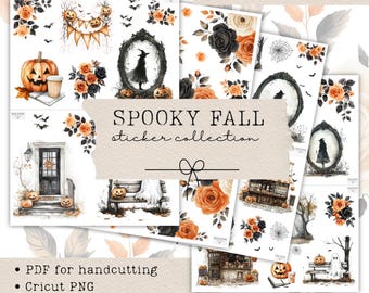 May include: A digital sticker collection titled Spooky Fall featuring watercolor illustrations of orange pumpkins, black and orange roses, a witch in a mirror, a ghost on a bench, spider webs, bats, and a house entrance with a door and lanterns.