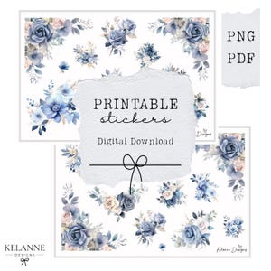 Blue floral planner stickers, printable floral stickers, planner floral printable stickers, blue and white floral stickers, planner deco