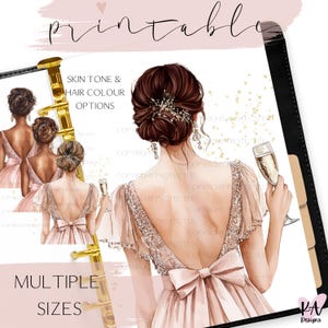 Op de afbeelding: Digitale illustratie van een vrouw in een roze jurk die een champagneglas vasthoudt. De afbeelding bevat de woorden "Printable", "Skin Tone & Hair Colour Options" en "Multiple Sizes". Het kunstwerk heeft een zachte, romantische uitstraling.