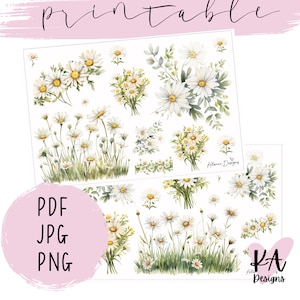 Adesivi stampabili con margherite floreali, adesivi stampabili con margherite primaverili, adesivi stampabili per diari primaverili, adesivi stampabili per planner