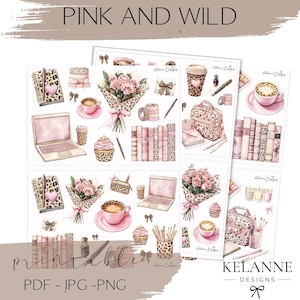 Pink and wild sticker bundle, pink leopard print sticker bundle, printable planner stickers, printable journal stickers, printable pink deco