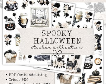 May include: A digital sticker collection featuring watercolor illustrations of Halloween themes including jack-o'-lanterns, black roses, skeleton hands holding coffee cups, ghosts, bats, and cozy baskets. The text reads PRINTABLE SPOOKY HALLOWEEN sticker collection.