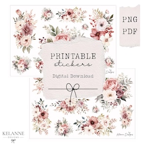 Dusty rose florals printable stickers, printable floral planner stickers, floral journalling stickers, rose florals stickers, dusty pink