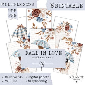 Könnte beinhalten: Eine digitale Sammlung druckbarer Kunst mit Blumenarrangements aus burgunderroten, weißen und blauen Rosen, Regenschirmen und Schreibschrift. Das Set enthält PDF- und PNG-Dateien mit der Aufschrift FALL IN LOVE collection für Dashboards und Scrapbooking.