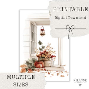 May include: Watercolor print featuring a window scene with autumn decor. A pumpkin and floral arrangement sit on the windowsill. The image includes the text "PRINTABLE Digital Download" and "MULTIPLE SIZES".