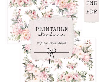 Pink peony floral stickers, printable peony floral stickers, planner stickers, journal stickers, pink and white peonies sticker, flower deco