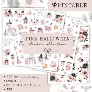 May include: A digital sticker collection featuring pink Halloween-themed illustrations including pumpkins, witch hats, spider webs, floral arrangements, and cups with the text "BOO". The set includes PDF, PNG, and JPG files for crafting projects.