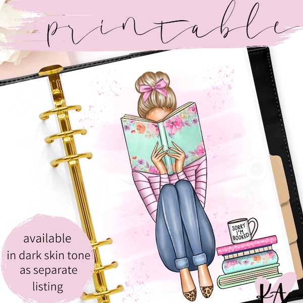 Reading girl, Printable planner dashboard, multiple sizes, bookish girl dashboard printable, books and coffee, girl and books dashboard