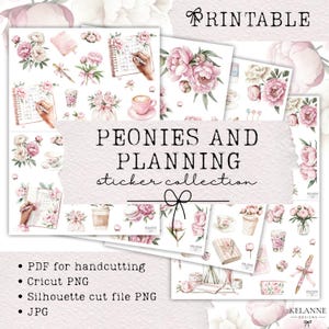 Peonies & planning printable sticker bundle, peony floral stickers, peonies and planning journalling sticker bundle, planner stickers bundle