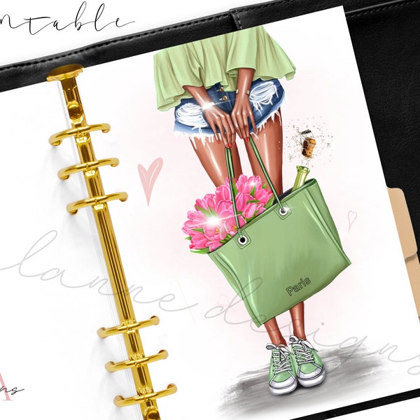 Fashion girl planner dashboard printable, summer fashion girl dashboard, summer dashboard, multiple sizes, girl and flowers, girl and bag