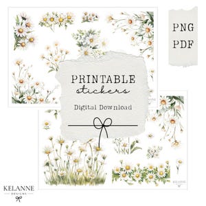 Op de afbeelding: Printbare stickers met aquarel illustraties van witte madeliefjes met gele centra en groene bladeren. Het ontwerp bevat de tekst "PRINTABLE stickers Digital Download". Beschikbaar in PNG- en PDF-formaten.