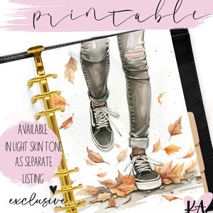 Tableau de bord organisateur fille automne, tableau de bord organisateur fille mode imprimable, tableau de bord imprimable automne fille, fille marchant dans les feuilles imprimable