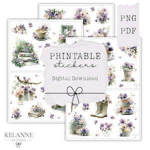 May include: A collection of printable stickers featuring watercolor illustrations of purple and pink flowers, teacups, boots, and other decorative elements. The text "PRINTABLE stickers Digital Download" is displayed. The stickers are available in PNG and PDF formats.