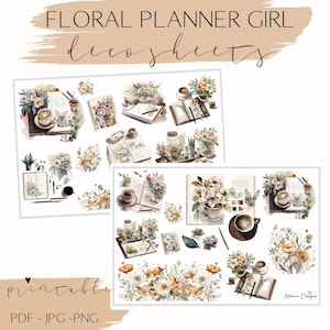 Blumen Planner Mädchen Aufkleber, druckbare Blumen Deko, Journal Deko, Planer Dekoration, druckbare Aufkleber, Planer Mädchen, Schreibtischszene, Kaffee