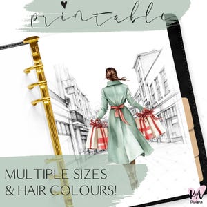 Puede incluir: Impresión de arte digital que presenta a una mujer con un abrigo verde que lleva bolsas de compras, caminando por una calle. La palabra "printable" está en la parte superior. El texto en la parte inferior dice "MULTIPLE SIZES & HAIR COLOURS!" Anillos dorados a la izquierda.