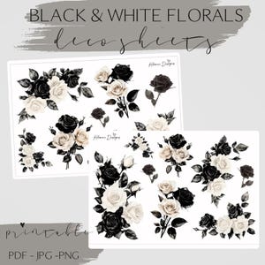 Puede incluir: Hojas de papel digital imprimibles con flores blancas y negras. Las hojas presentan diferentes arreglos de rosas blancas y negras con hojas. El texto "Black & White Florals deco sheets" y "Printable PDF - JPG - PNG" está incluido en la imagen.